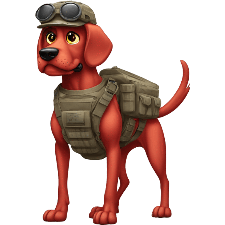 Desert storm humanoid Clifford the red dog muscled with tattoos on arms book illustration as a military call of duty character standing alone with submachine  emoji