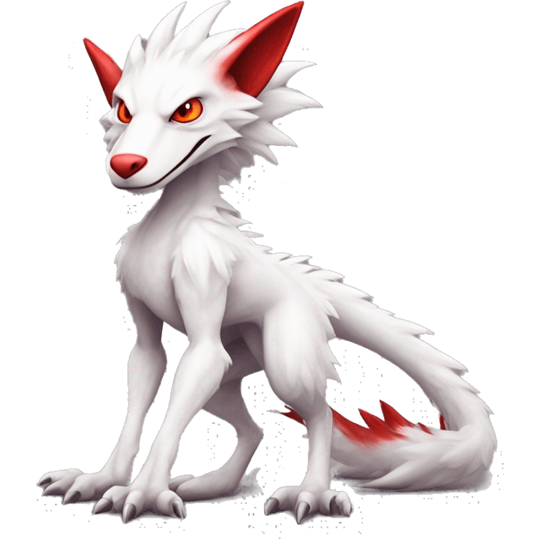 White edgy cute badass epic anthro modern albino sergal-vernid-Fakémon with red mane and red eyes with red edgy stripes, full body emoji