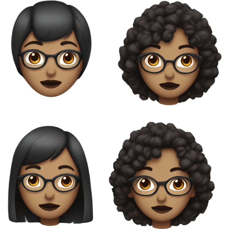 A black haired white woman with whispy bangs, blue eyes with glasses, maroon lips, a septum piercing in a brown coat emoji