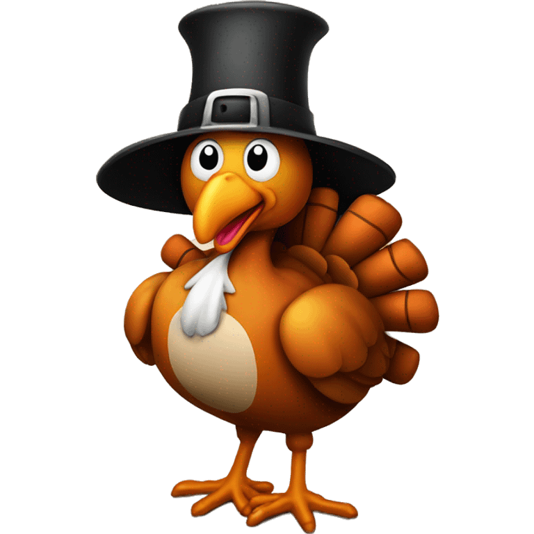 Cartoon Happy turkey wearing a pilgrim hat with some pumpkins around him emoji