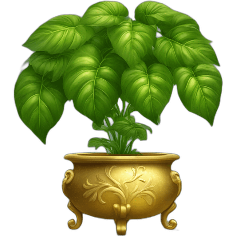 divine plant with big leaves in a golden flower pot on a stand with four feer emoji