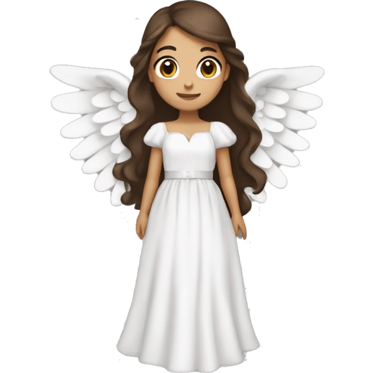 Brunette girl with long brown hair and brown eyes, with large angel wings and a white bow on a dress emoji