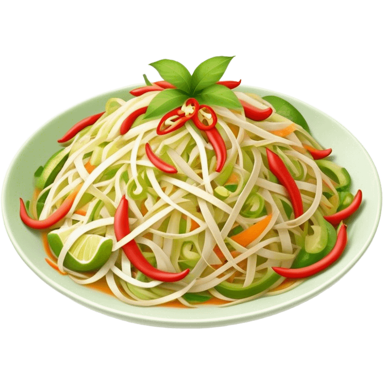 Cinematic Realistic Som Tam (Papaya Salad) Dish Emoji, featuring a spicy, tangy salad of shredded green papaya with chili and lime rendered with crisp textures and bright, lively lighting. emoji