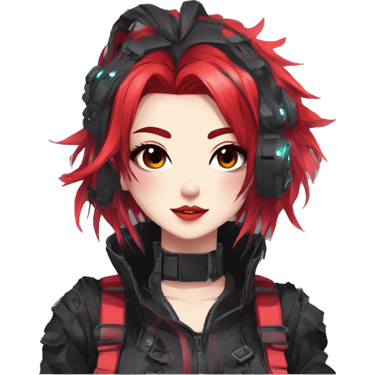 Gorgeous futuristic colorful techwear anime style lady with blushing face aesthetic and pretty edgy black red punk messy wild cute hair with collar and harness trending style emoji