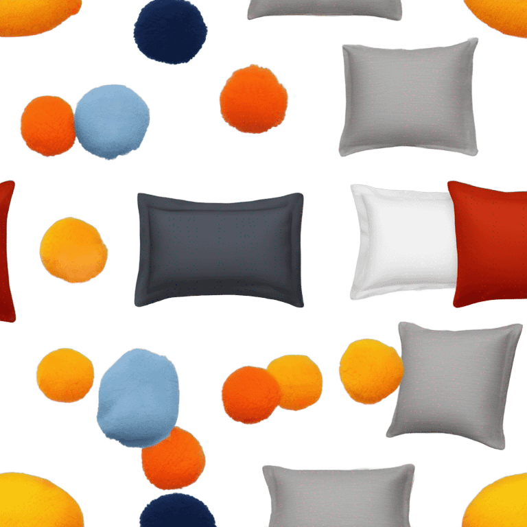 double bed with a soft blanket, black to white to grey to red, orange duvet and sheet, with an orange pillow on the left side, under a grey cushion with yellow, dark blue and grey pom-poms and on the right, a tie-dyed yellow and blue pillow. emoji