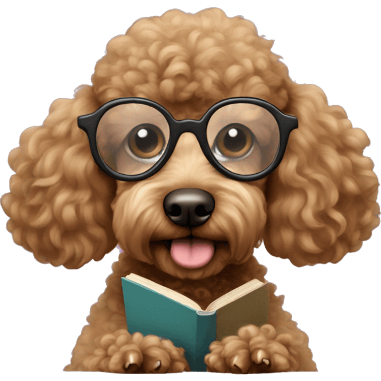 Brown poodle with wire rim glasses reading a book emoji