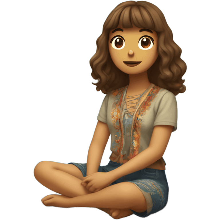 Girl with shoulder length wavy brown hair with bangs in hippie clothing  mediating by lake with trees  emoji