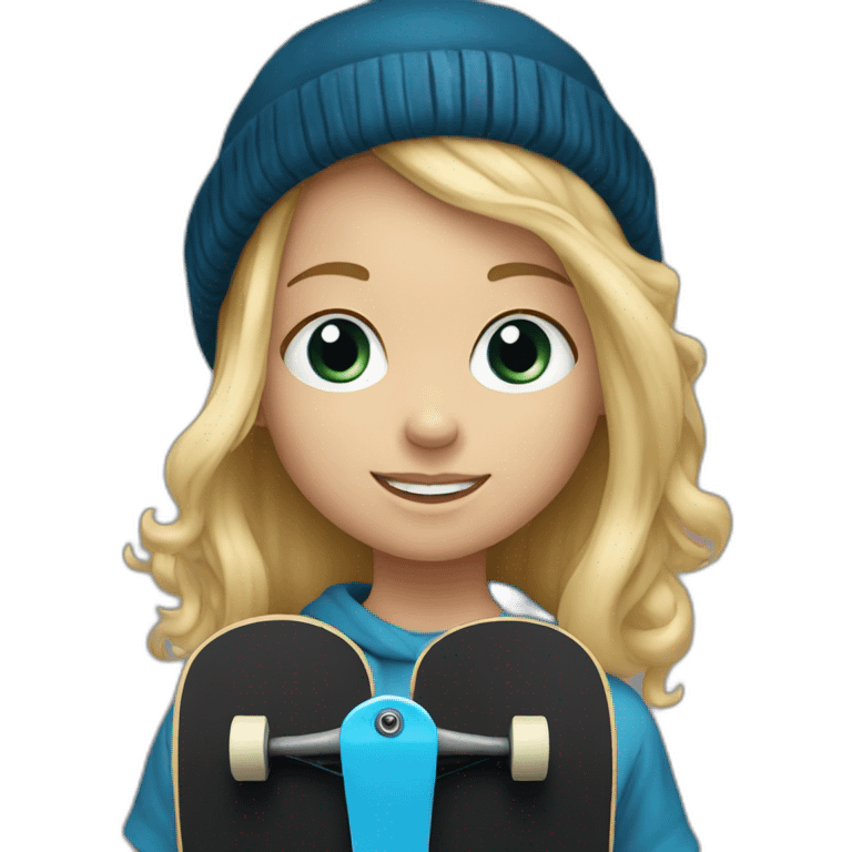 Little blond girl with blue beanie on black skateboard emoji