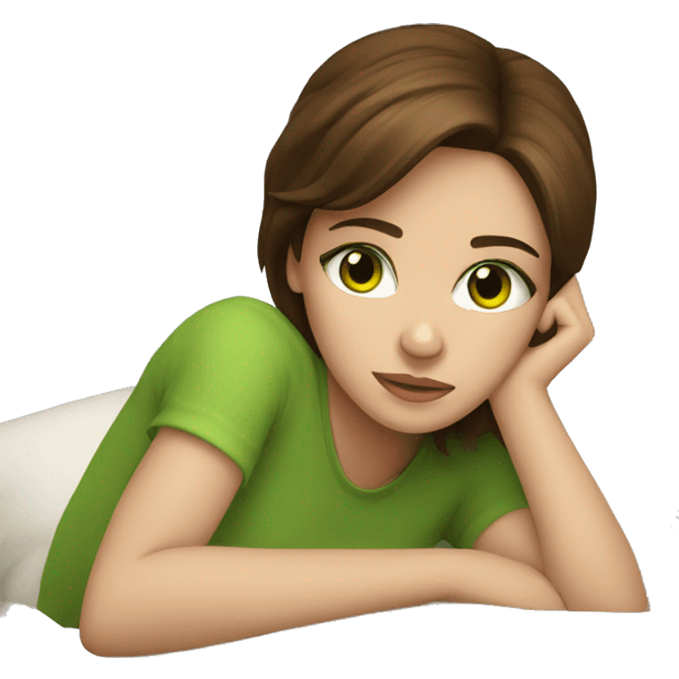 Girl with brown hair and green eyes laying on a pillow  emoji