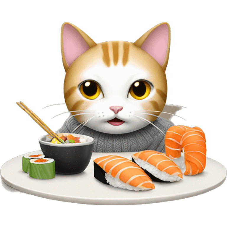 A cat wearing a sweater eating sushi  emoji