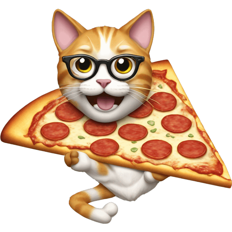 crazy cat eating pizza on surf board with glasses on emoji