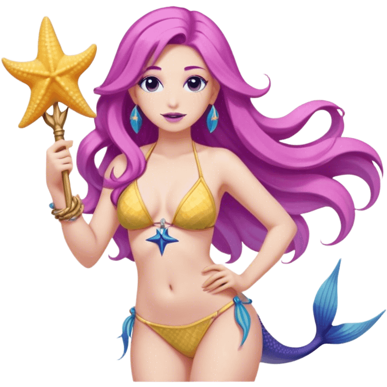 Yellow-toned upper body and a blue fish tail. She has long, flowing pink and purple hair adorned with a blue starfish accessory. She wears a light-colored seashell bikini top and holds a golden trident in one hand. Her expression is confident and friendly. The background is transparent emoji