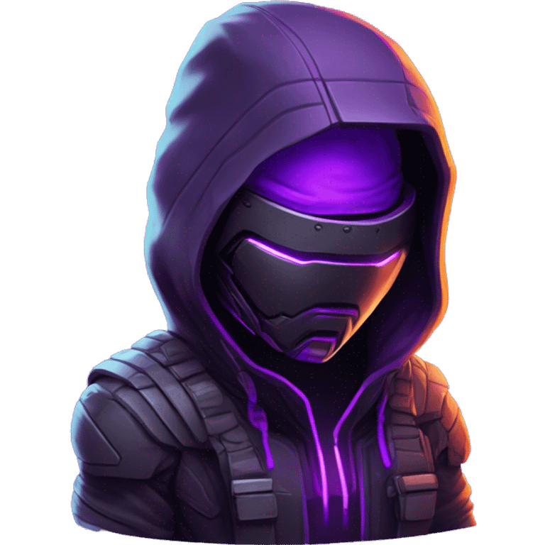 developer behind his laptop with this style : crysis Cyberpunk Valorant neon glowing bright purple character purple violet black hooded assassin themed character emoji