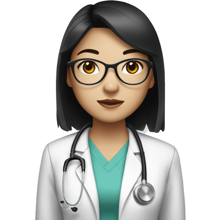 Asian girl, with white skin tone, black hair, wearing silver round circle glasses and a white scrub and a stethoscope  emoji