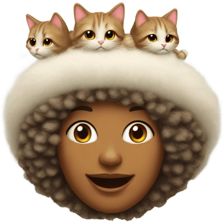 Lady wearing a hat made out of cats emoji