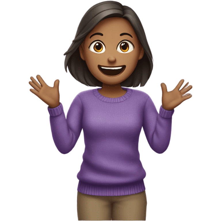 girl in purple sweater throwing hands in air emoji