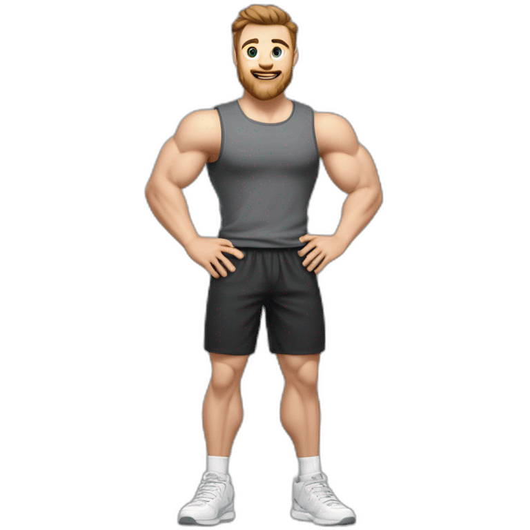 Full height Actively gesturing with hands Pale skinned Fit Man With the biceps and brown hair in dark gray Sleeveless Mike, black oversize sports shorts, watch and white Sneakers emoji