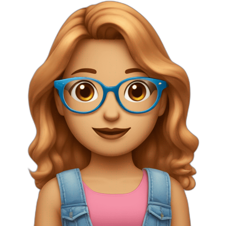 Una niña de cabello rubio corto con corte degradado y lentes oscuros, sombrero para verano rosa claro y una casaca grande hasta el cuello azul emoji