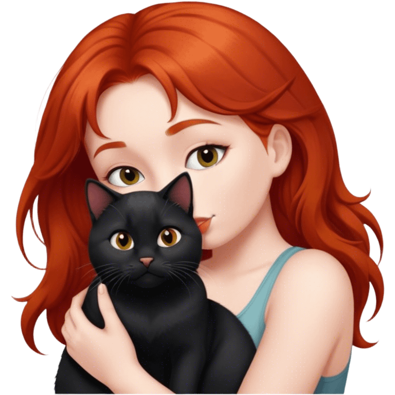 A red-haired girl kisses a black British cat  emoji