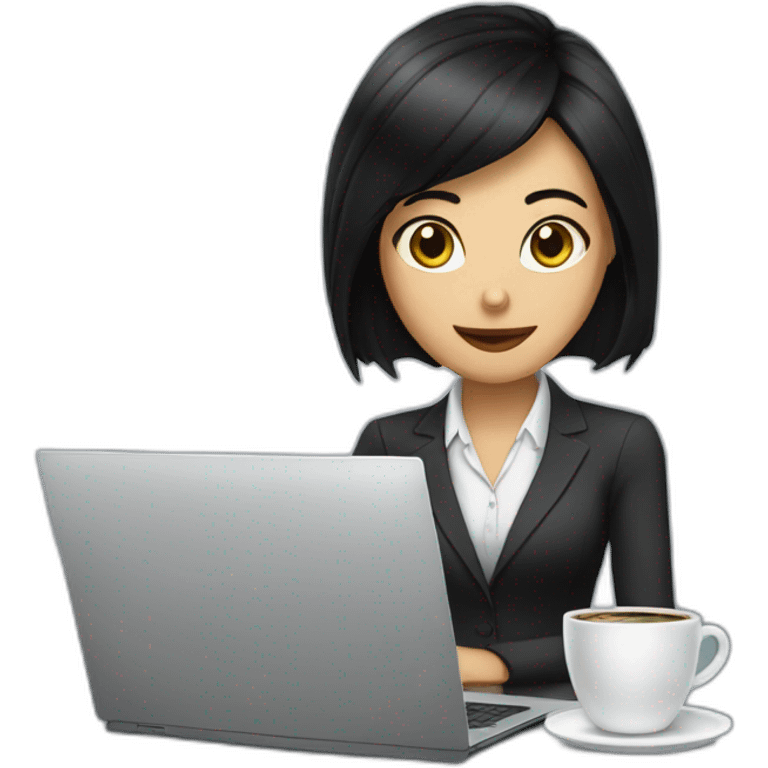 Secretary black hair computer and drinking coffee emoji