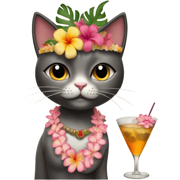 Cat with Hawaiian skirt drinking a martini with a flower crown and a shell bra emoji