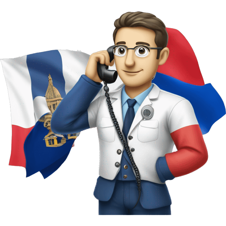 Einchtein dressed in scientific french color with french foutfit making a phone call on a flip phone and a french flag in the other hand emoji