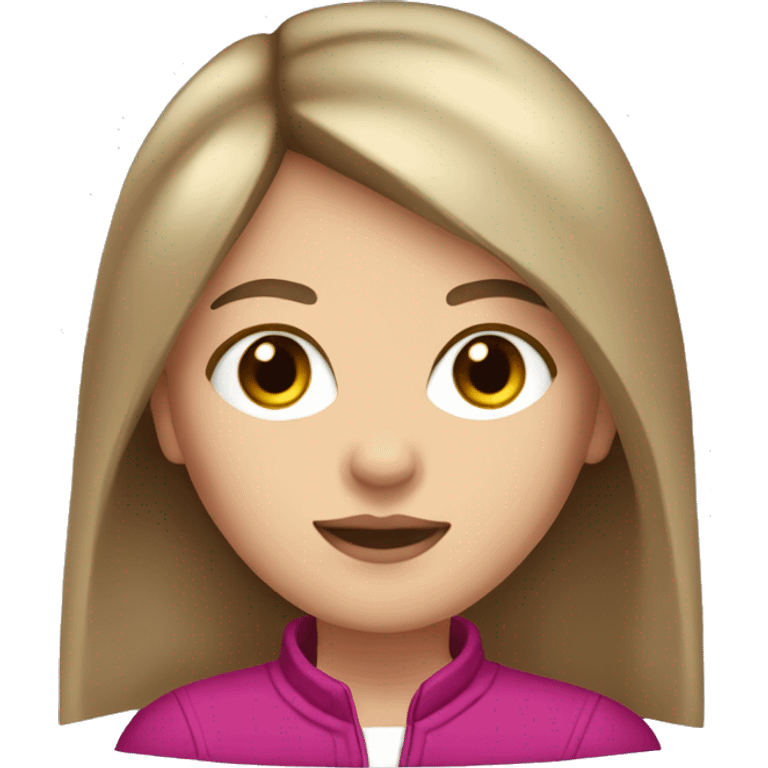 white girl with brown eyes, long straight dark brown hair, curtain bangs, and a magenta jacket emoji