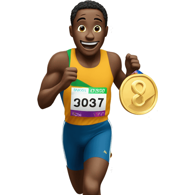 Men running with a gold medal and he is happy emoji