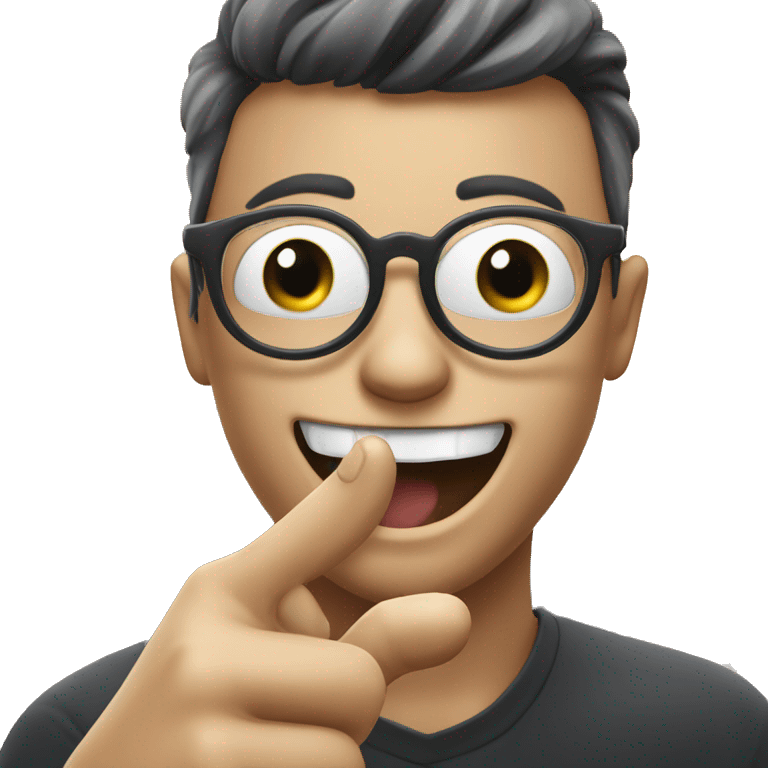 emoji with glasses and with a smile where two teeth stick out  shows index finger up emoji