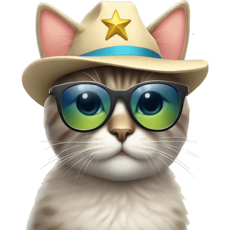 cat wearing sunglasses and a star hat emoji