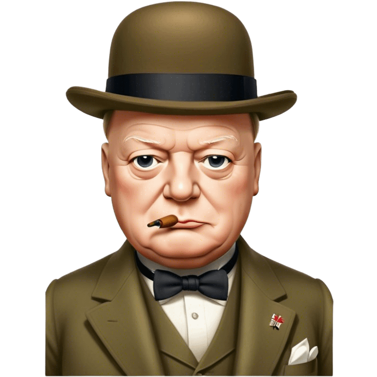 Cinematic Realistic Winston Churchill Portrait Emoji, depicted as a resolute British statesman with a signature bowler hat and a cigar, exuding determined leadership and wartime valor, rendered with lifelike textures and dramatic vintage lighting that captures his iconic British spirit. emoji