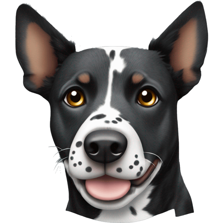 Black cattle dog with pointy ears and white stripe down nose and spotty chest  emoji