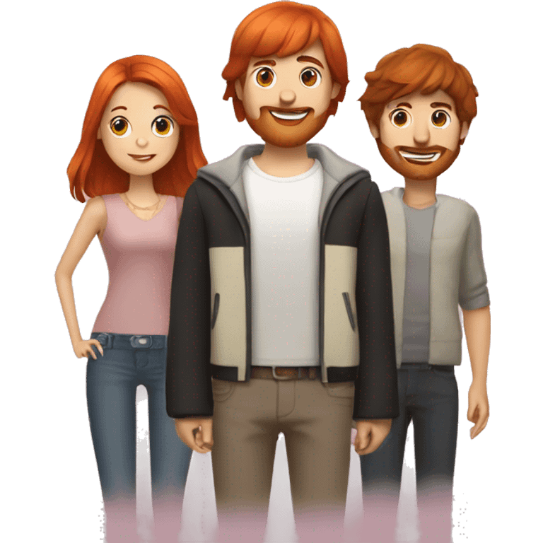 a group of three friends: a long hair redhead woman, a black-haired bowl cut man, and a brown-haired man emoji