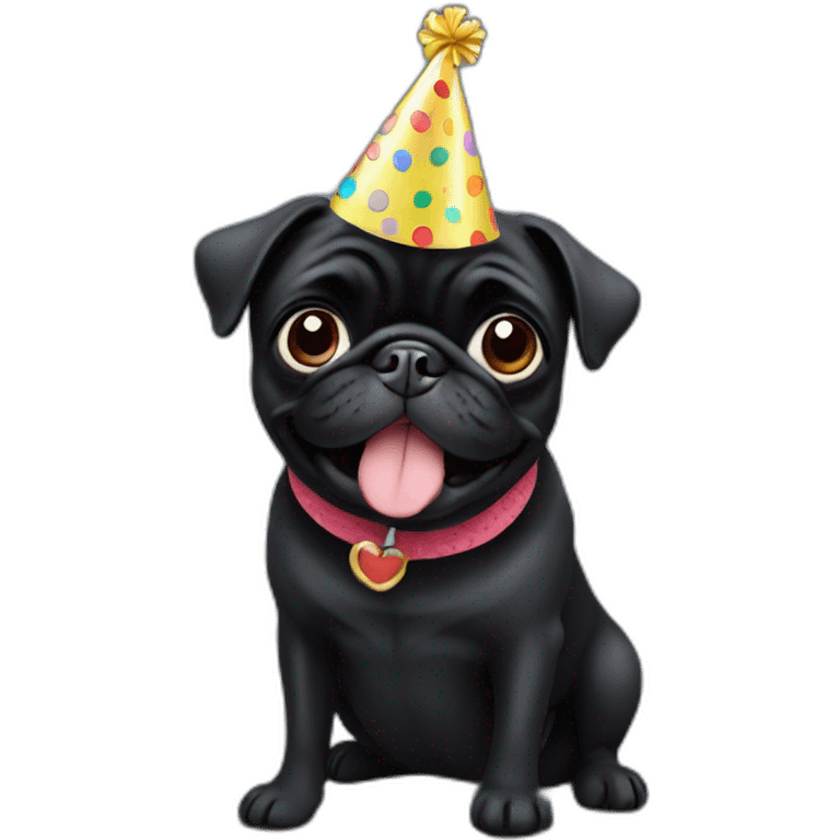 Black Pug with birthday hat emoji