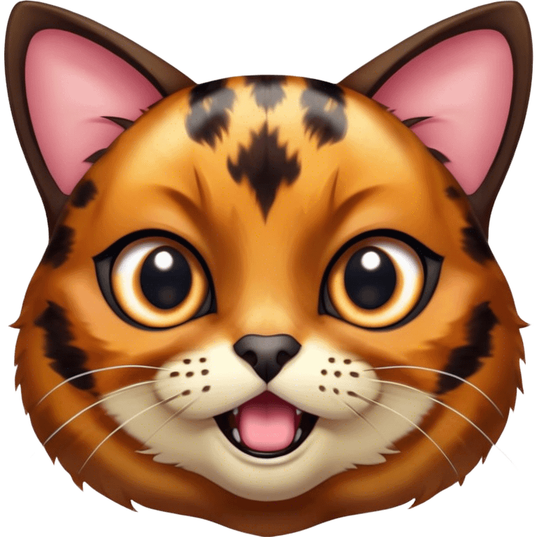 Cinematic Comical Tortoiseshell Cat Portrait Emoji, Head cocked dramatically with an over-the-top shocked expression, featuring a rich mottled fur of browns and blacks and wide, comically animated eyes full of playful disbelief, simplified yet hilariously detailed, glowing with a bold, sassy radiance, high shine, exuding a mischievous and spirited charm, styled with a soft glowing outline, capturing the essence of a tortoiseshell cat that appears ready to burst into comical antics! emoji