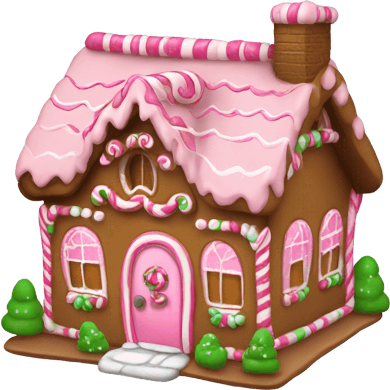 A cute girly gingerbread house that has pink accents emoji