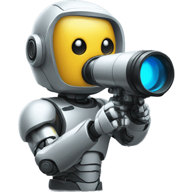 Secret half man half robot agent with a spyglass reviewing multicolor lines of code emoji