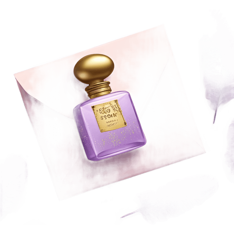 Aesthetic still life of soft violet mimosa flowers, a vintage-style pink perfume bottle, and a lavender love note delicately placed in an envelope.
 emoji