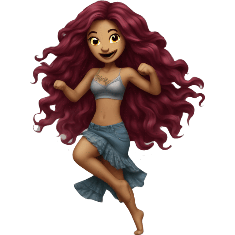 Beautiful tattooed burgundy long haired woman dancing emoji