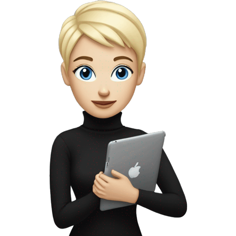 women with blond pixie cut, blue eyes wearing black turtleneck, holding and ipad emoji