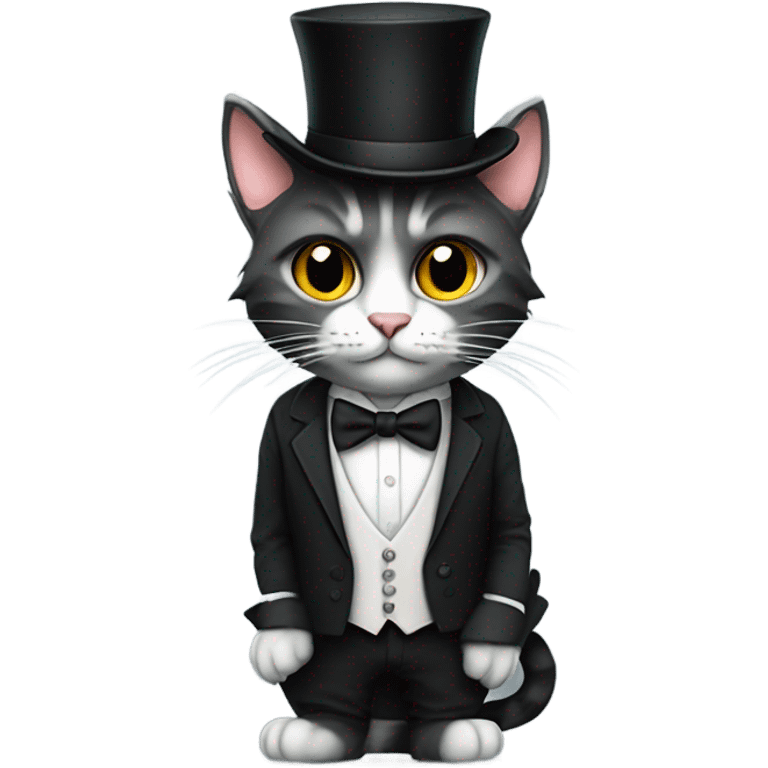 Cat with a top hat wearing a suit and tie and black ripped jeans with a fluffy tail and sharp claws and fingerless white gloves  emoji