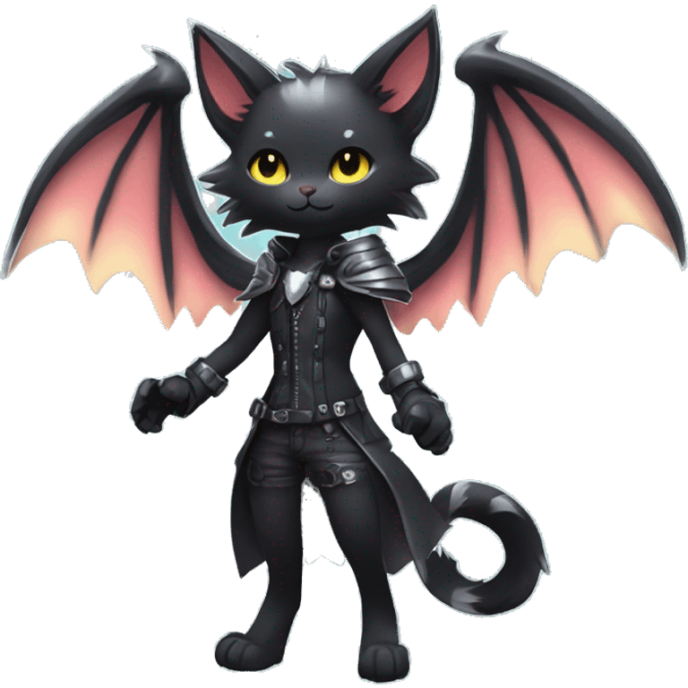 Shiny Cool Punk Black beautiful fantasy Kawaii Ethereal Sona Fakemon-cat-animal with edgy bat-wings-ears Full Body emoji