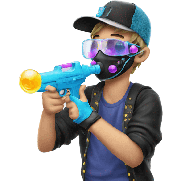 Caucasian boy in rave gear with mask and hat and shooting a bubble gun emoji