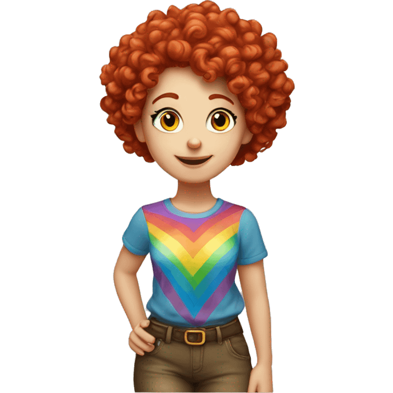 white girl with red curly hair, wearing a rainbow shirt doing a pose emoji