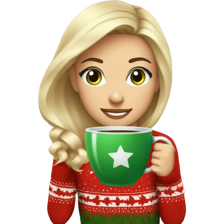 Short haired blonde girl with green eyes drinking coffee wearing Christmas sweater emoji