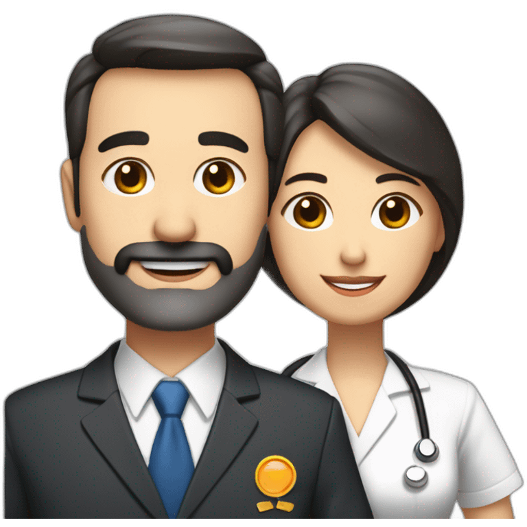 husband classic middle aged executive dark hair thin beard wearing business suit holding bible, with wife asian age 55 dark hair wearing nurse uniform emoji