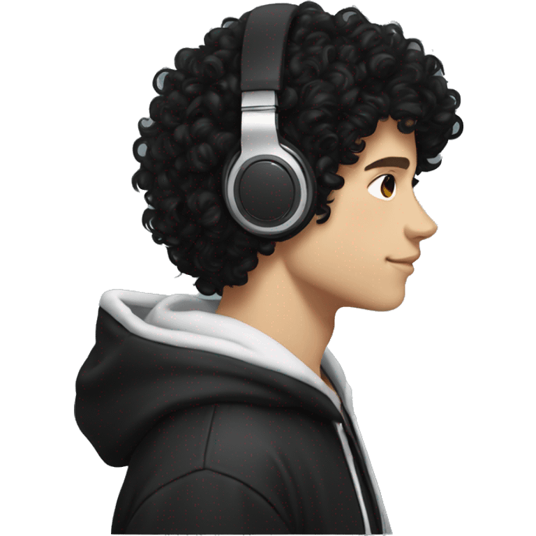 super curly long black hair, white skin teen boy, black hoodie, headphones on neck, profile photo emoji