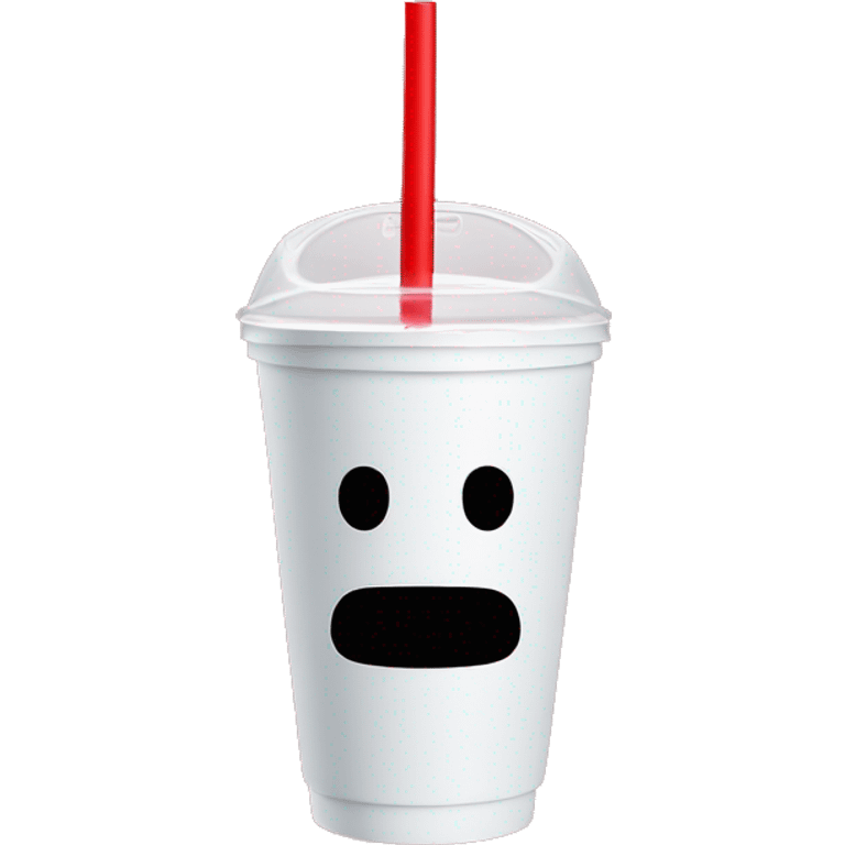 White styrofoam cup with white lid and red straw. No face emoji