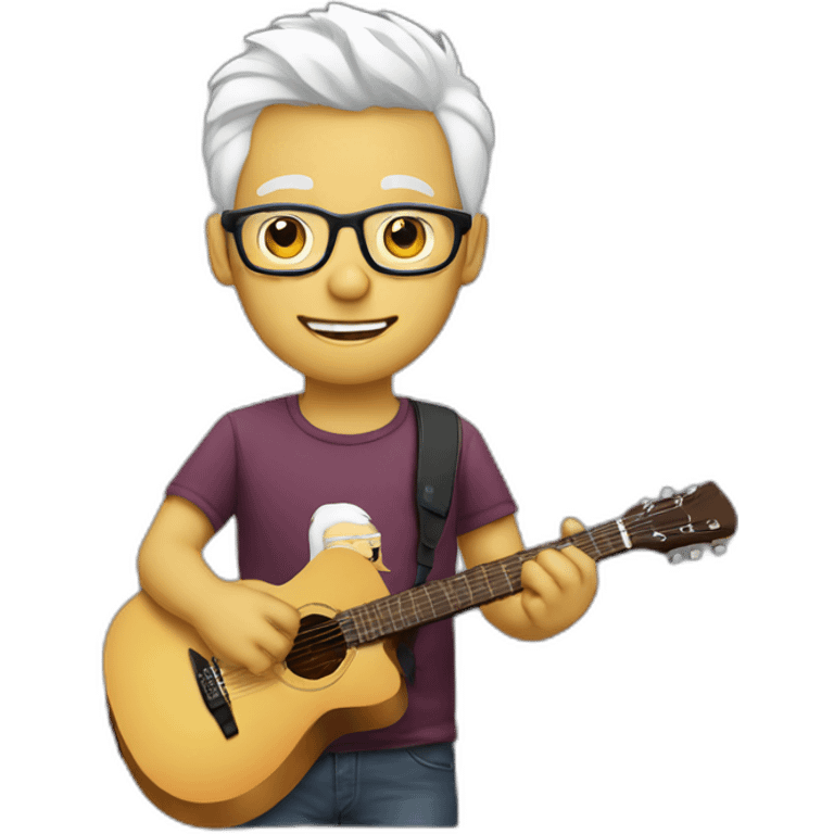 guy with glasses white hair playing guitar with programming shirt emoji