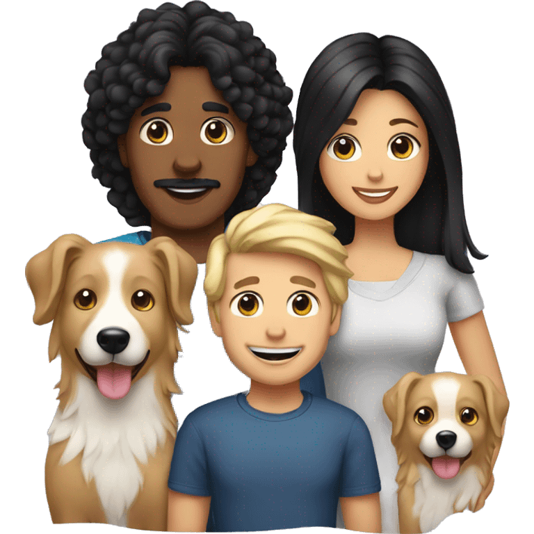 Family formed by a White blond man and a curl woman with long black hair and a small black border collie dog emoji